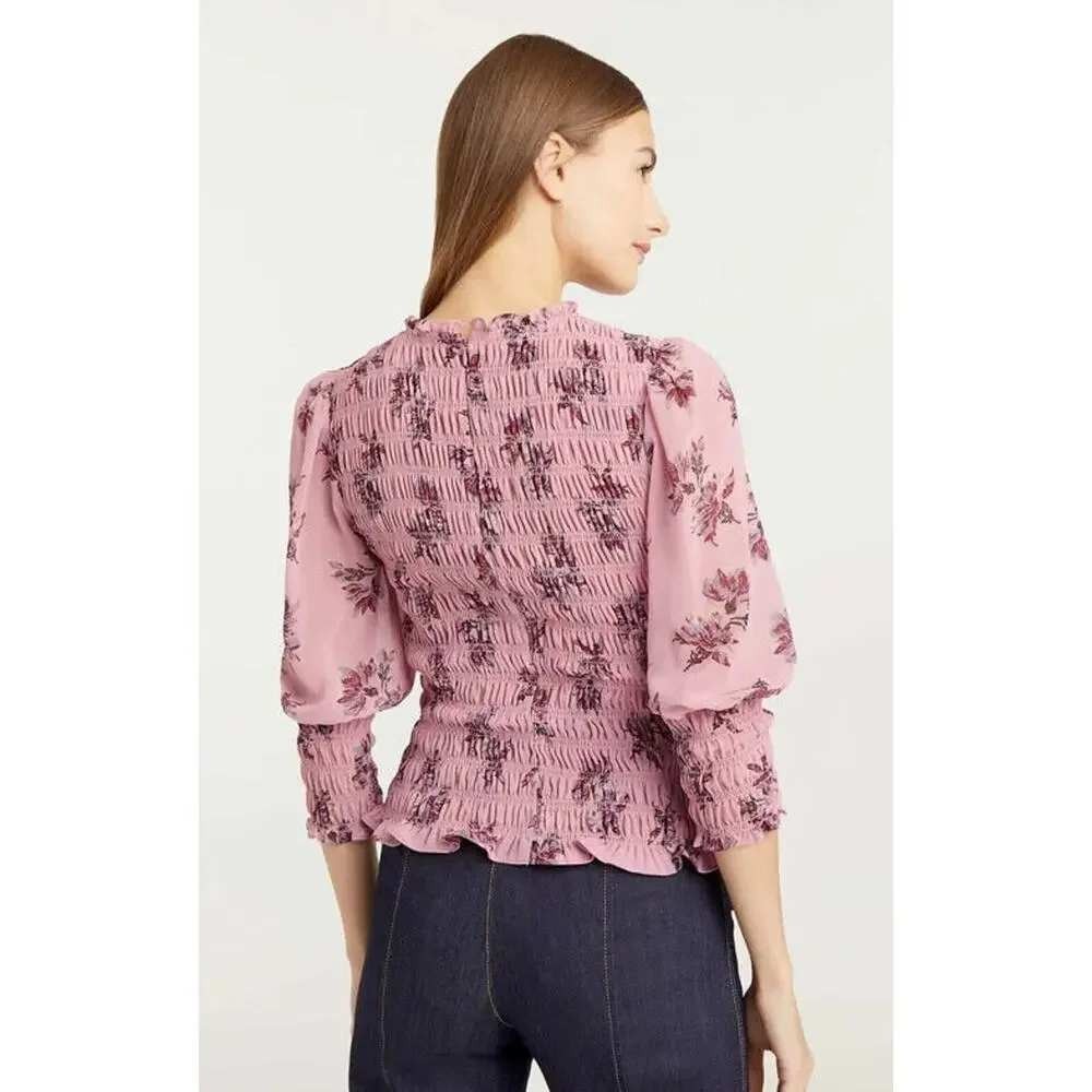 Cinq a Sept Pink Floral Smocked Chiffon Blouse - Picture 2 of 7